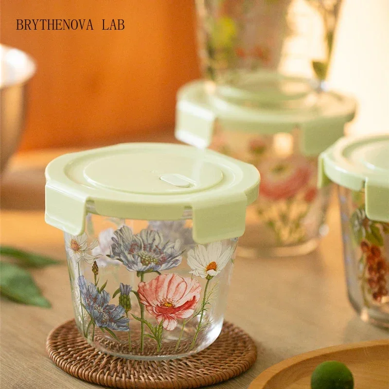 Food Storage Box French Vintage Flowers Heat-resistant Fresh-keeping Sealed Picnic Box Bento Fruit Round Glass Bowl with Lid
