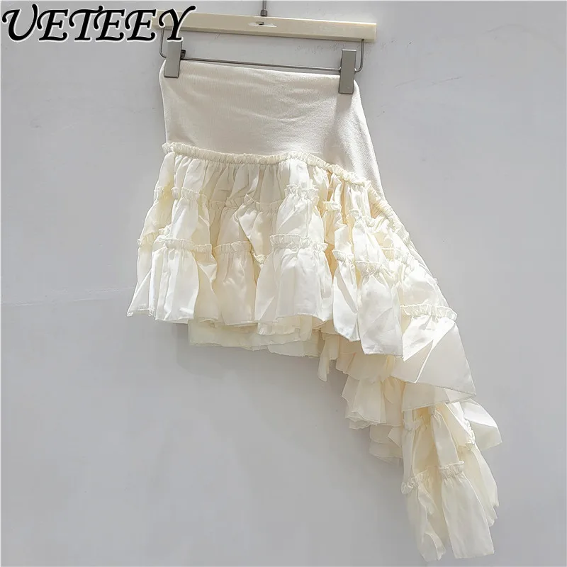 صيف جديد الفرنسية عالية الخصر غير النظامية كشكش ليف تنورة المرأة صديرية دائرية اثنين ارتداء بلون الربط تنوعا التنانير