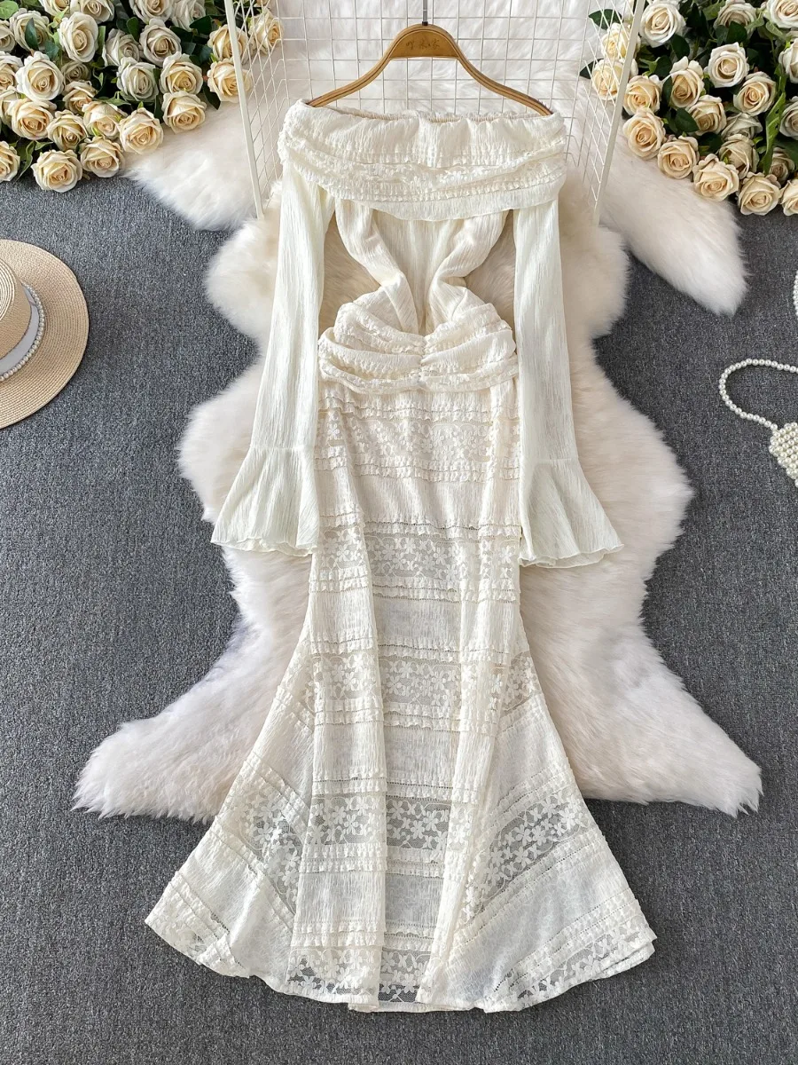 فستان ماكسي أنيق بدون أكتاف من الدانتيل بحورية البحر من Foamlina بأكمام طويلة وقصة ضيقة فستان رسمي للنساء موضة ربيع الخريف #1