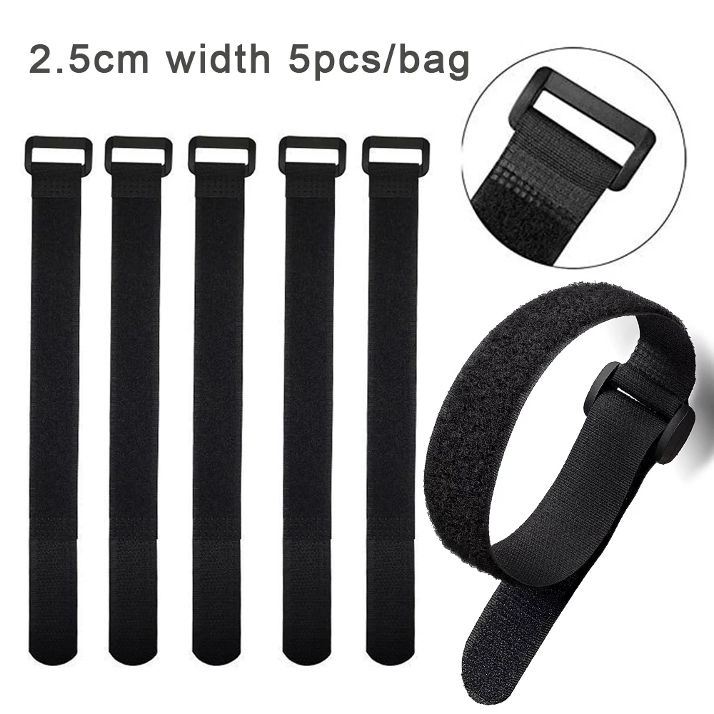 5pcs Reusable Cable Straps Multipurpose Quality Hook and Loop Securing Straps Adjustable Cable Ties Black Nylon 2.5cm Width