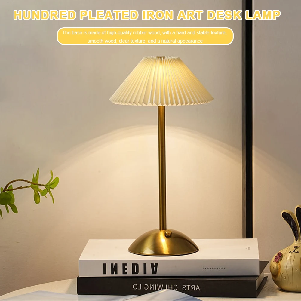 Nordic Pleated Table Lamp with Wooden Base Art Atmosphere Lamp USB Charging Modern Style for Bedroom Living Room Decor