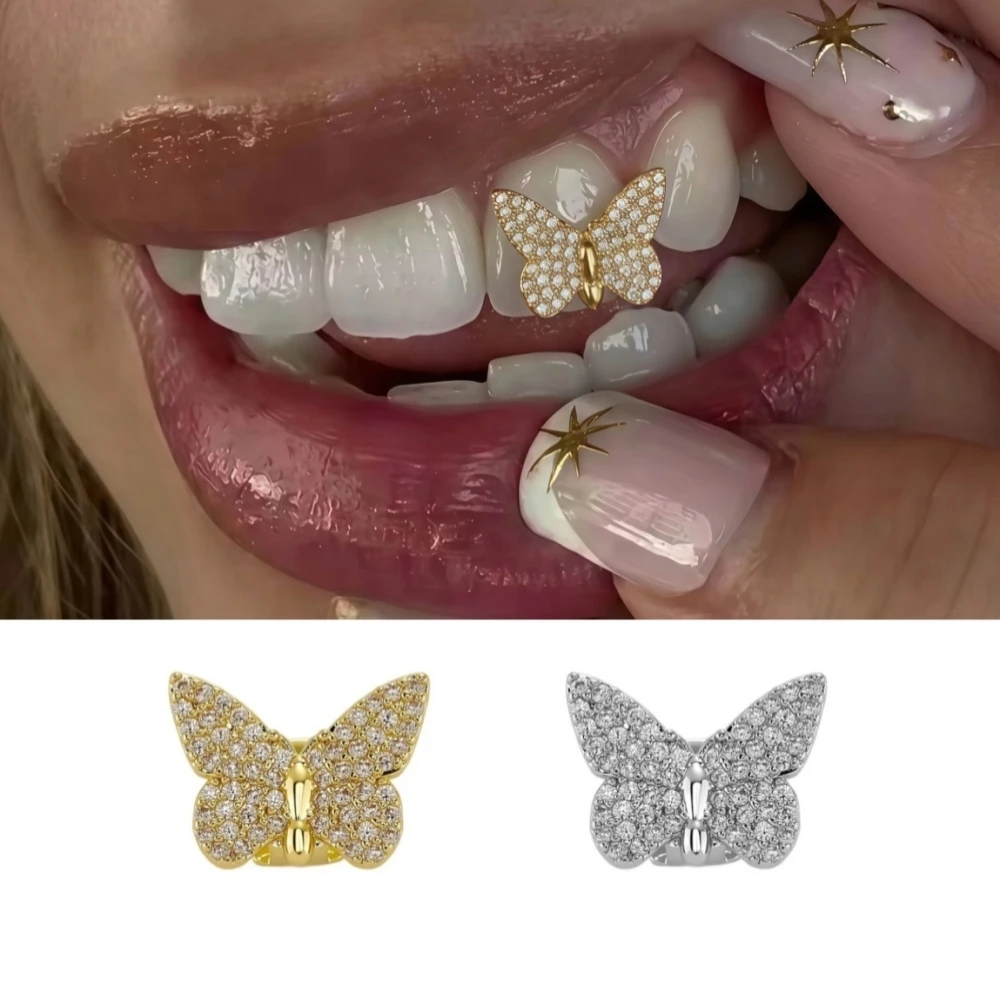 Hip Hop New Butterfly Single Teeth Iced Out CZ Grillz Men Women Top&Bottom Shiny Single Grill Punk Rapper Christmas Gift