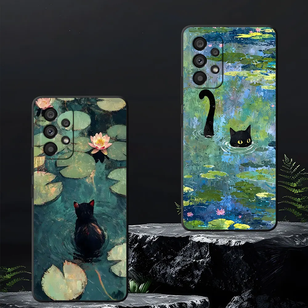 Anime Landscape Painting Cute Cat Black Phone Case for Samsung Galaxy A16 A54 A34 A12 A14 A33 A15 A21s A53 A55 A35 A51 TPU Cover