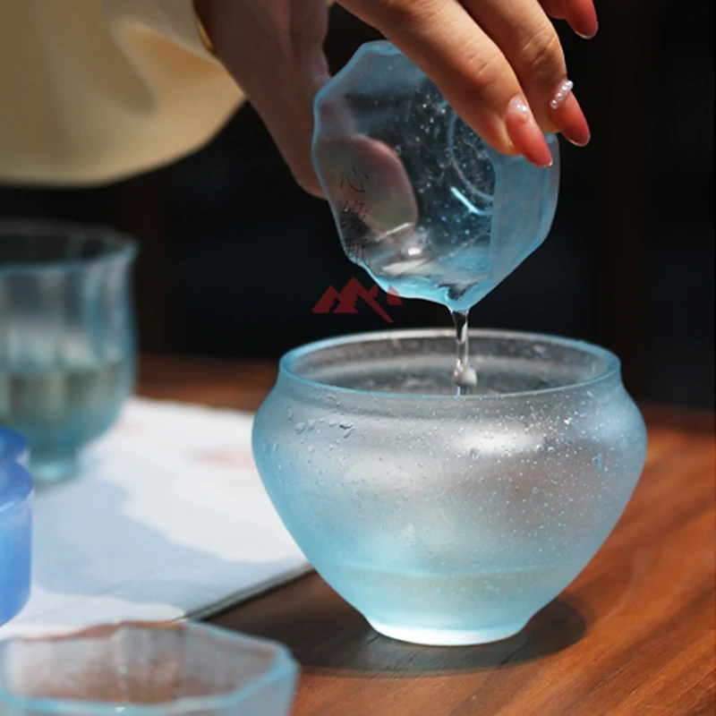 

Blue Glass Zen Bowl Tea Accories Pen Waer Kung Fu Tea Set Ice Transparent Water Basin Chinese Sle Handmade Artifacts