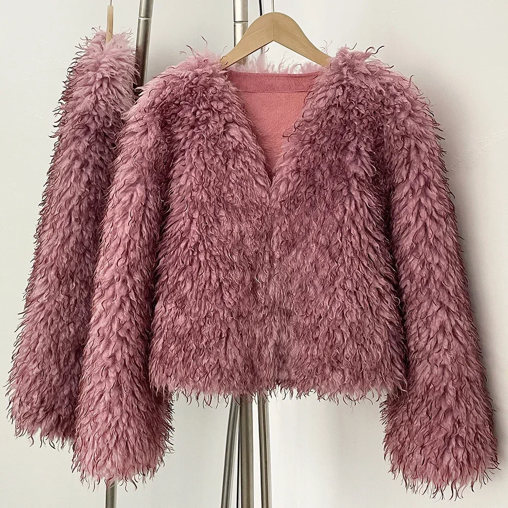 

New Fashion Fur Artificial Female Autumn Winter Clothes Warm Thick V-neck Short Fur Coat Artificial Women Lady Faux Fur Jacket