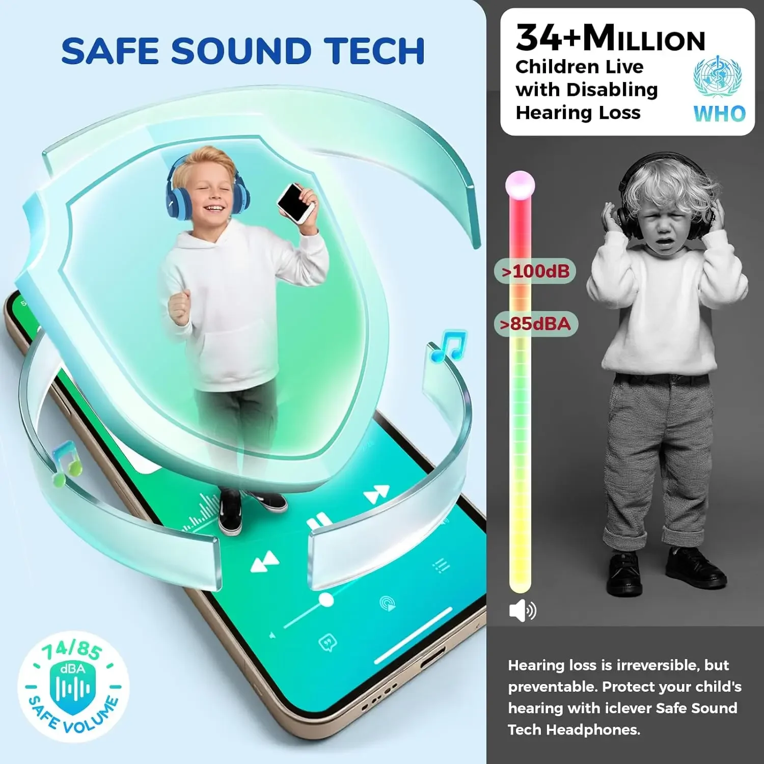 iClever BTH12 Kids Bluetooth Headphones, 85H Playtime, LED Lights, SafeSound, Built-in Mic, Wireless Over Ear for Travel School