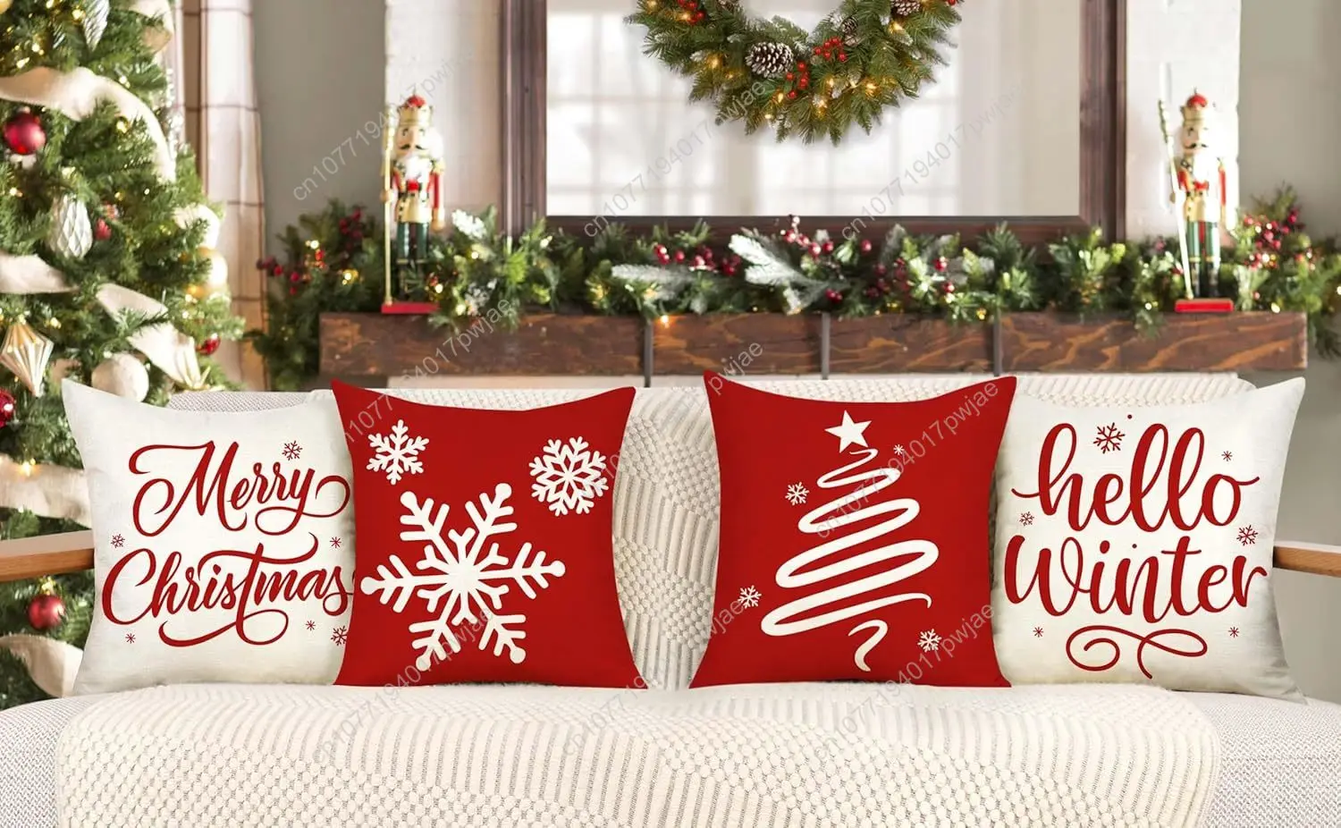 4TH Emotion Red Christmas Pillow Covers 18x18 Set of 4 Farmhouse Xmas Decorations Snowflake Hello Winter Holiday Decor Throw Cus