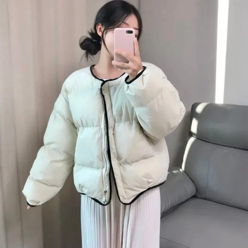 Neploe Korean Chic Versatile Contrasting Color Edging Collarless Bread Cotton Coats Femme 2025 Winter Loose Thick O-Neck Parkas