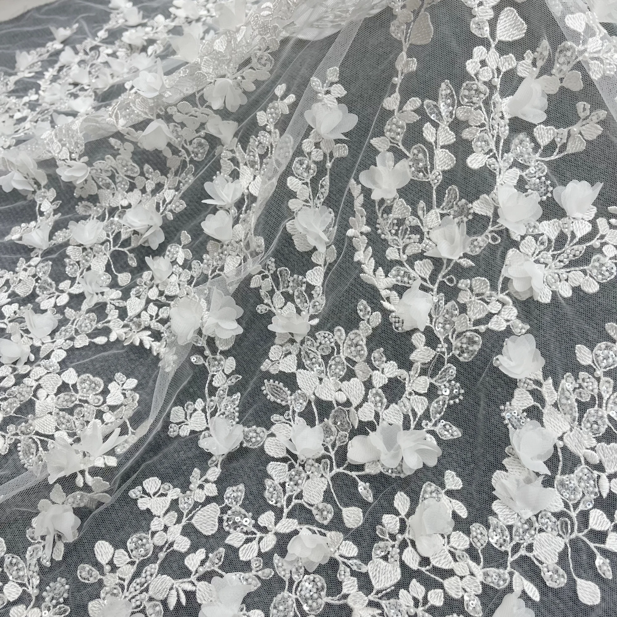 Handmade 3D Flowers Unique Design Sequins Embroidery Fabric Wedding Dress Customized Clothing Lace Fabrics