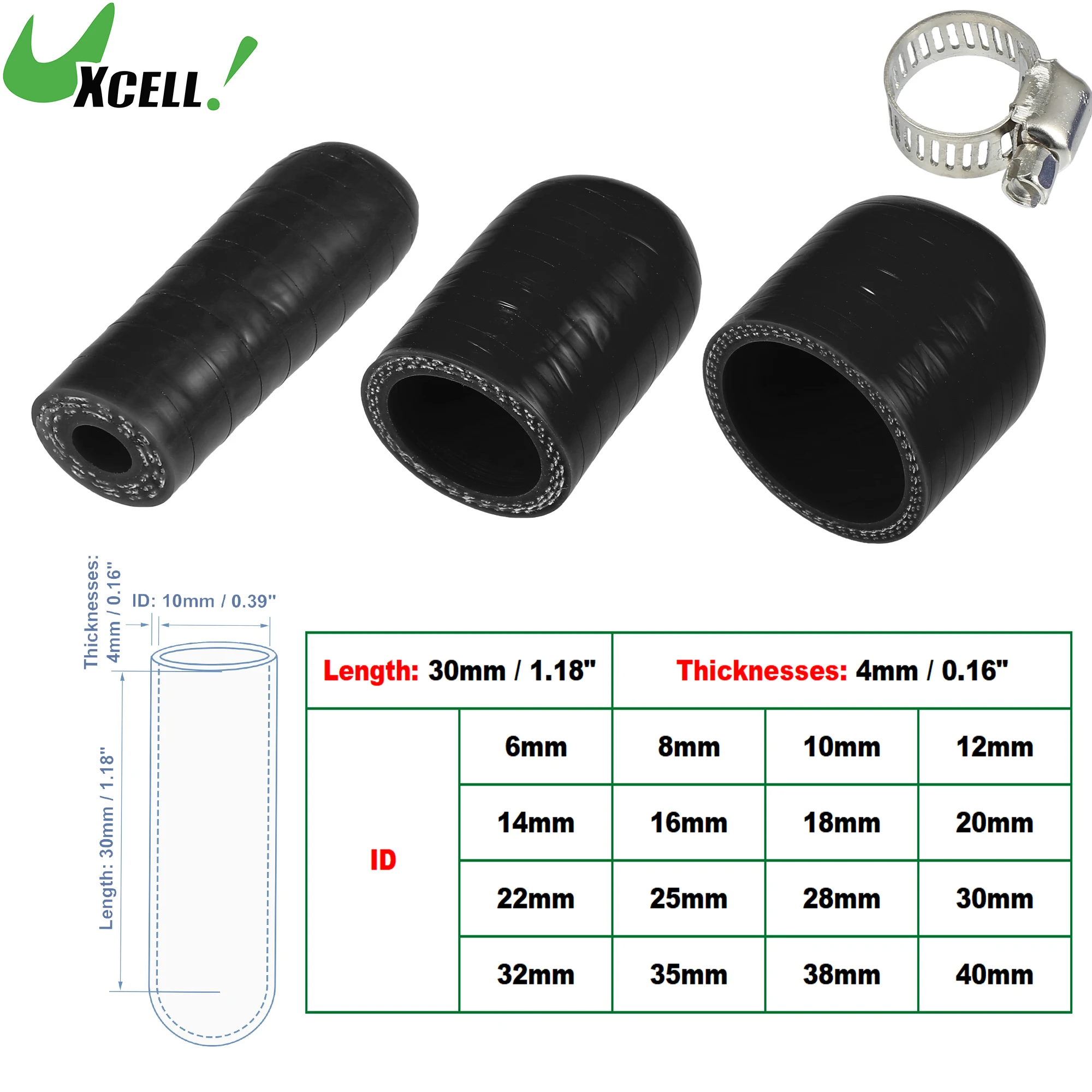 UXCELL 6mm/8mm/10mm/12mm/14mm/16mm/18mm-40mm ID 30mm Length Car Silicone Hose End Cap Silicone Tube for Bypass Tube Black