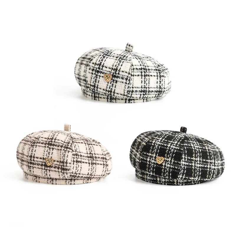 Beret Kobiety Zima Jesień Vintage Plaid Biały Czarny Moda Vintage Kapelusze Dla Kobiet Malarz Czapka Kobieta Nowy Elegancki Modny