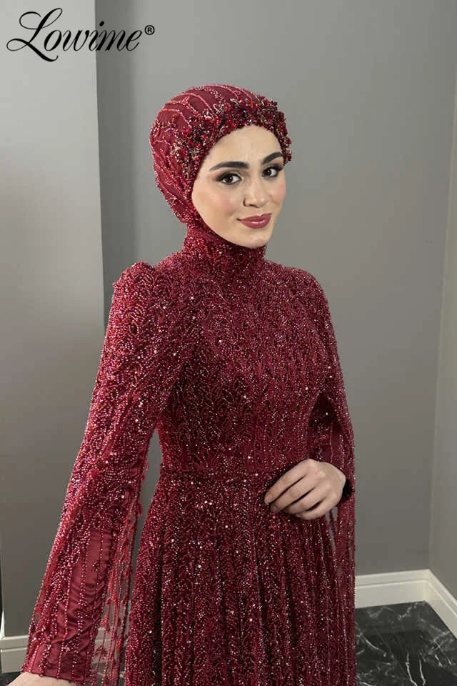 

Heavy Beaded Burgundy Evening Dress Cape Long Sleeves A Line Party Gowns Customized Dubai Muslim Formal Woman Prom Dresses Robes