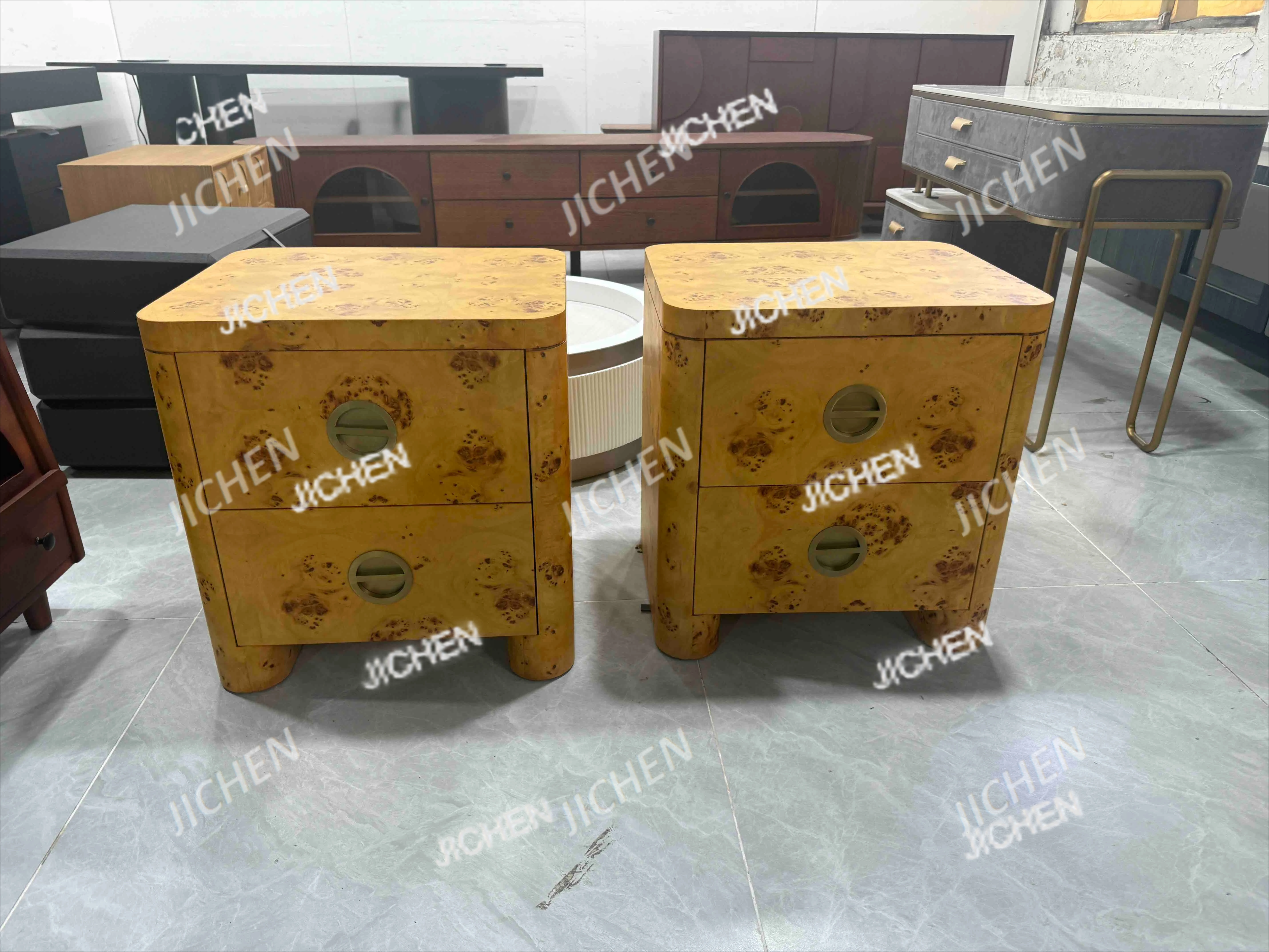 

HZ Mid-Century Modern Ambrose Mappa Burl Wood Nightstand Drawer Designer Bedside Table With Luxury Hotel Style For Bedroom