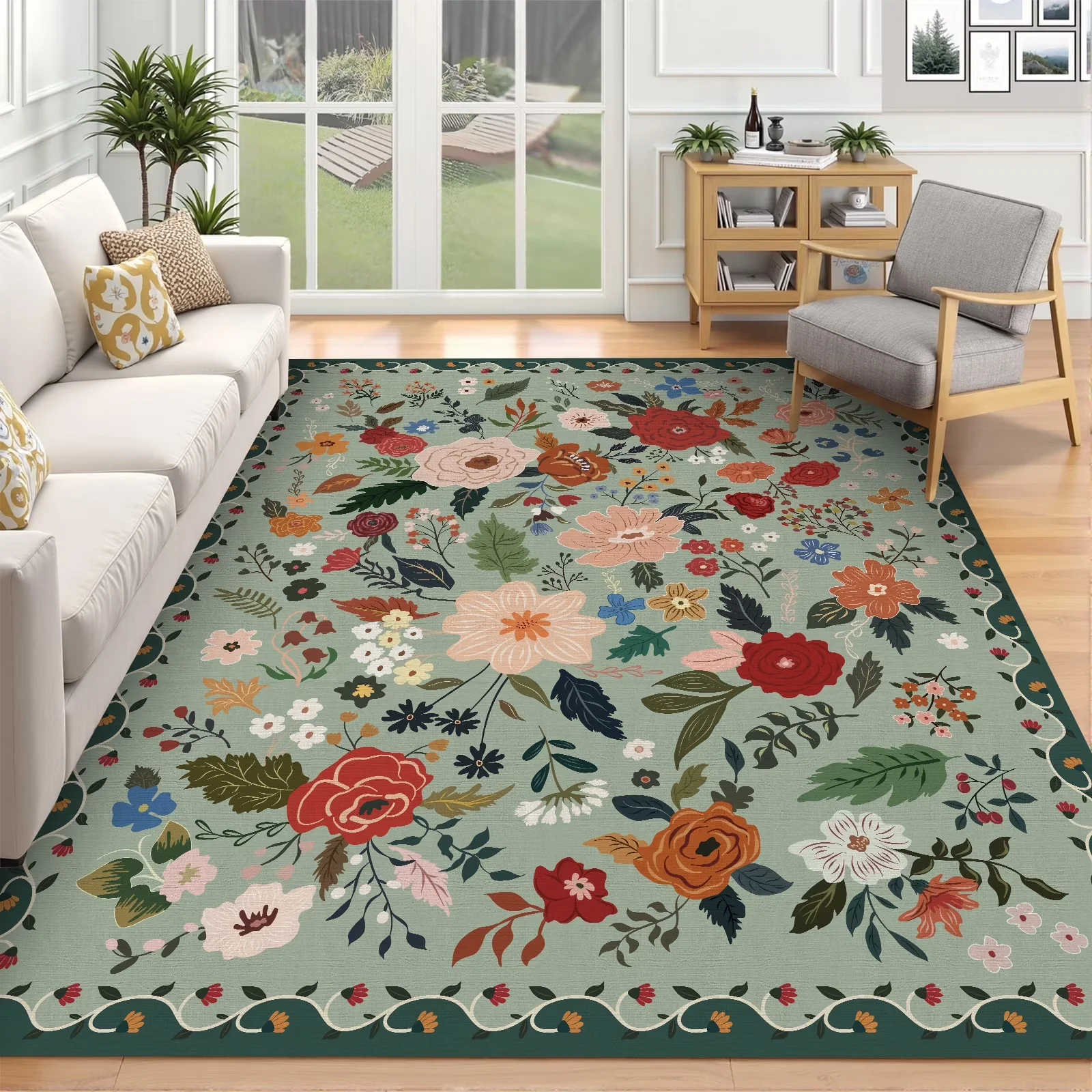 Area Rug Sage Green Vintage Floral Pattern Non Slip Washable Living Room Rug for Boho Home Decor