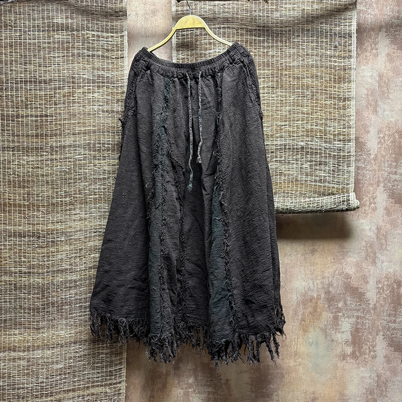 

2026 New Arrival Spring Arts Style Casual Loose A-line Tassel Design Ankle-length Skirts Cotton Linen Long Skirt Woman S169