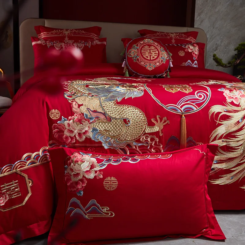 Red Egypt Cotton Bedding Sets Luxury Chinese Wedding Golden Loong Phoenix Embroidery Tassel Quilt Cover Bed Sheet Pillowcases