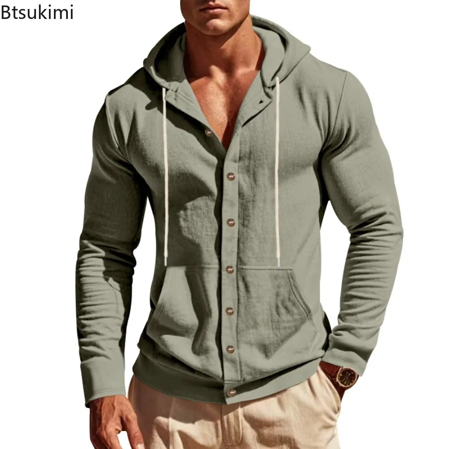 2026 New Men's Cotton Linen Hooded Shirt Long Sleeve Solid Casual Oversized Beach Shirt Lightweight Breathable Linen Blend Shirt