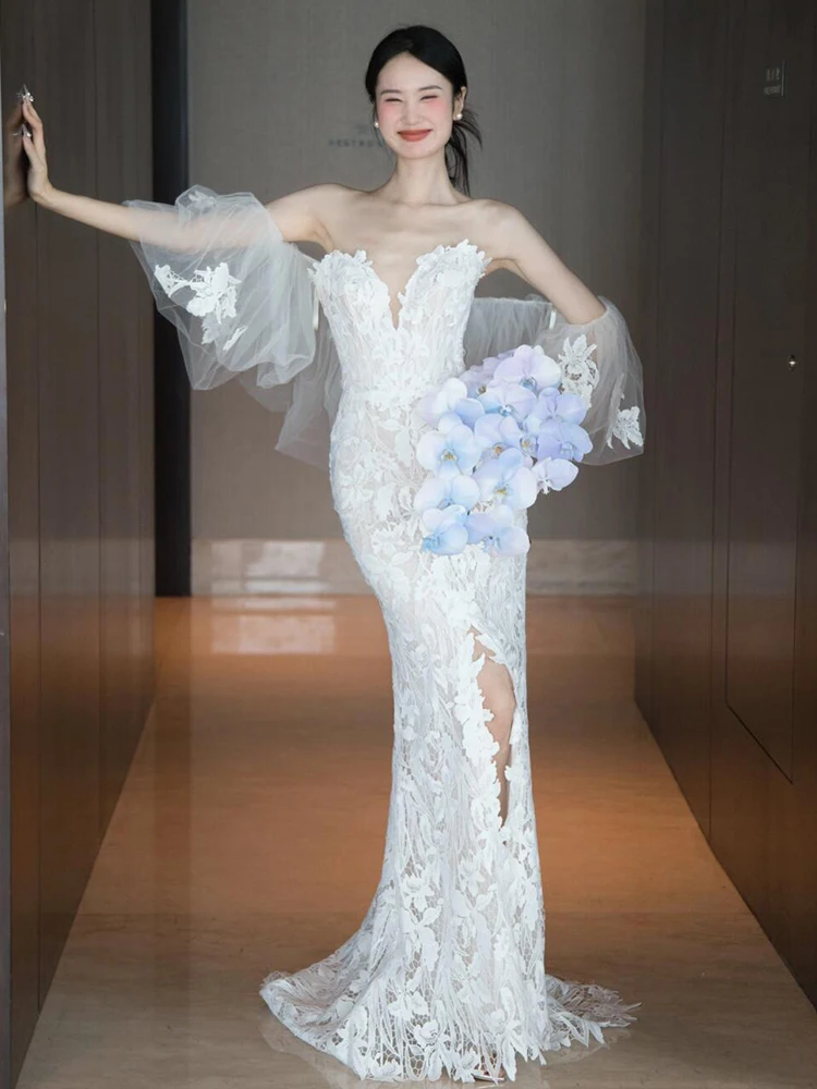 

Новое Сексуальное Свадебное Платье Ele Lace 2025: Белое, Без Бретелек, Свадебное, Формальное, Свободного Кроя, Для Использования В Отелях (Внутри Помещений)