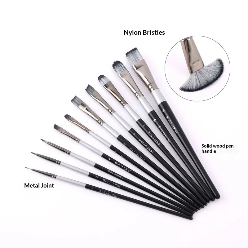 Nylon Hair Paintbrush Set 10 Pcs Silver-Black Wood Rod Brushes Child Watercolor Linework Oil Multifunctional Art Supplies