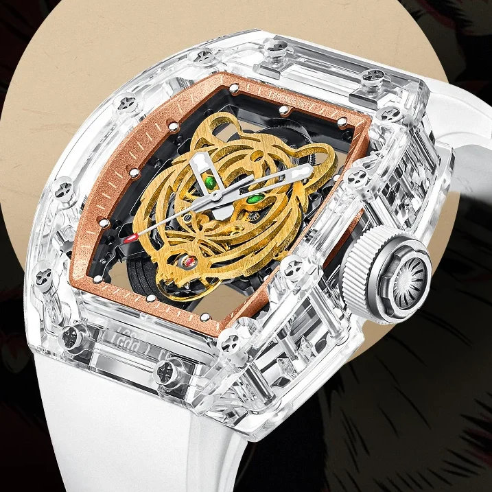 CRONUSART Men Automatic Watch 50mm Tonneau Mechanical Wristwatch Acrylic Case Luminous Sapphire FKM Strap Skeleton Tiger Dial