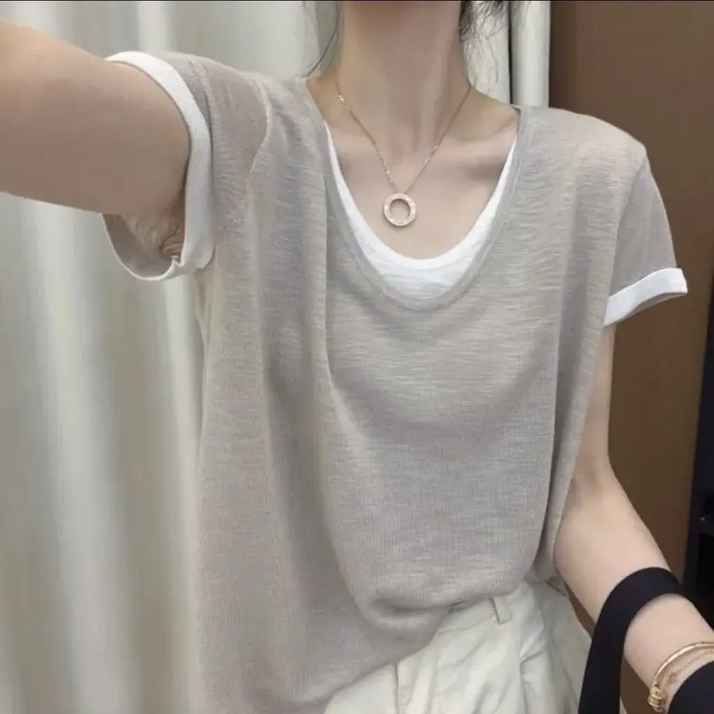 

Женская летняя футболка с v-образным вырезом, имитация бамбука, хлопка, правое плечо, искусственный двухсекционный топ контрастного цвета с тонкой строчкой