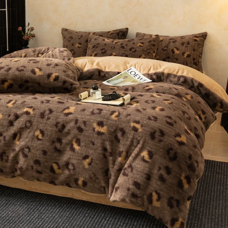 Leopard Print Faux Cashmere Duvet Cover Set Queen King Thick Warm Winter Bedding Set Soft Plush Quilt Cover Bed Sheet Pillowcase