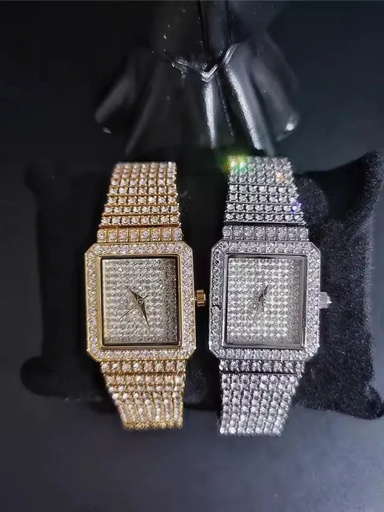 Fashion Women Shiny Diamonds Studded Quartz Watch Square Shape Office Ladies Watches Silver Golden Casual Hip Hop Wristwatch