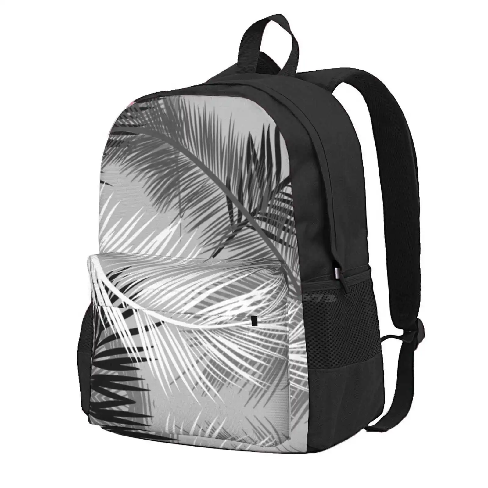 Palm Leaf Print, Gray, Black And White Hot Sale Schoolbag Backpack Fashion Bags Palm Leaf Tropical Leaves Palm Tree Leaf