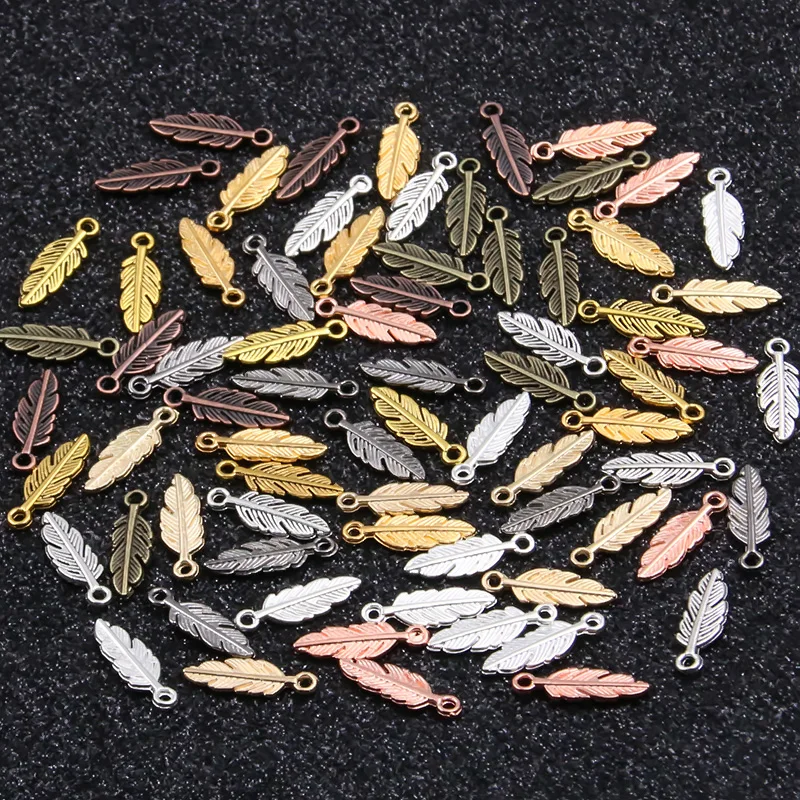 80pcs 5*15mm 9 Color Wholesale MINI Feather Charms New Metal Zinc Alloy Animal Pendant DIY Handmade Craft Makings