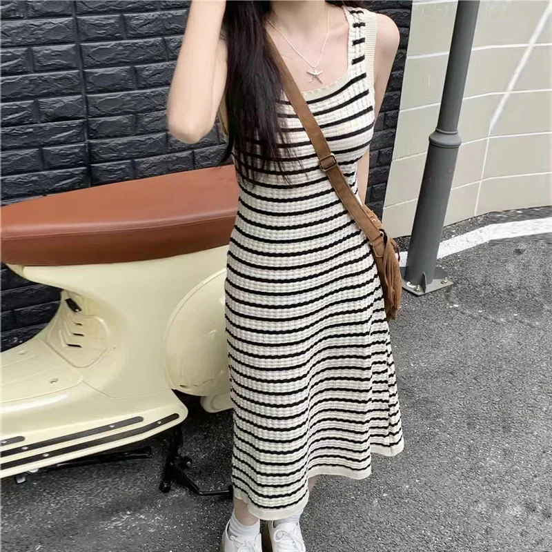 Vintage Striped Knit Dress Women's Loose-fit Hollow Out Ribcage Side Slit Round Neck Vest Tank Long Dress Slimming