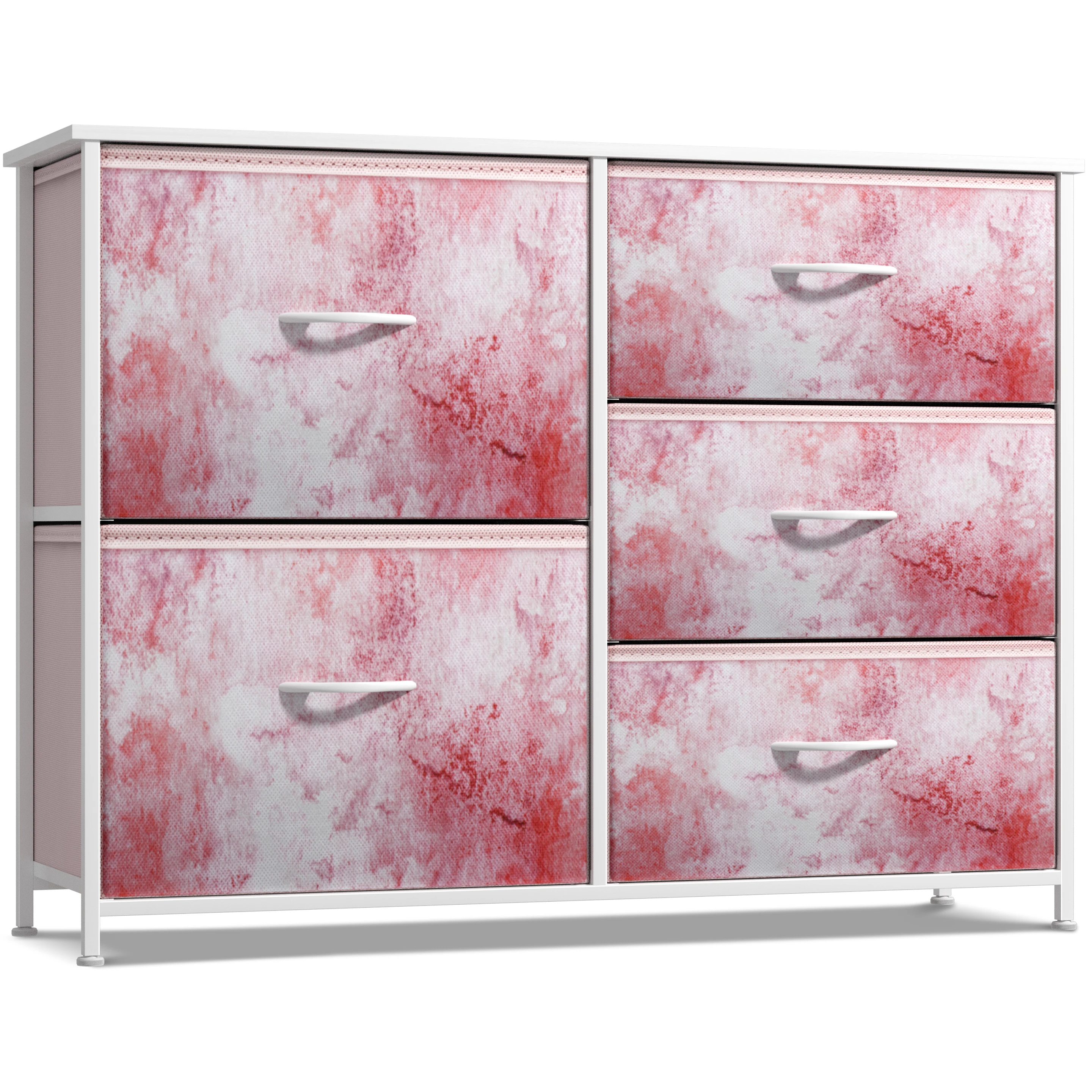 

5 Drawer Dresser Storage Chest with Steel Frame, Wood Top, Fabric Bins, Tie-Dye Pink