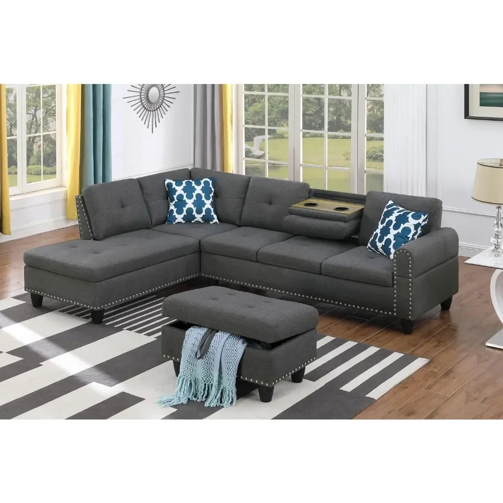 Devion Furniture Polyester Fabric Sectional Sofa with Lift-top Storage Ottoman, Tufted Design, in Gray Finish