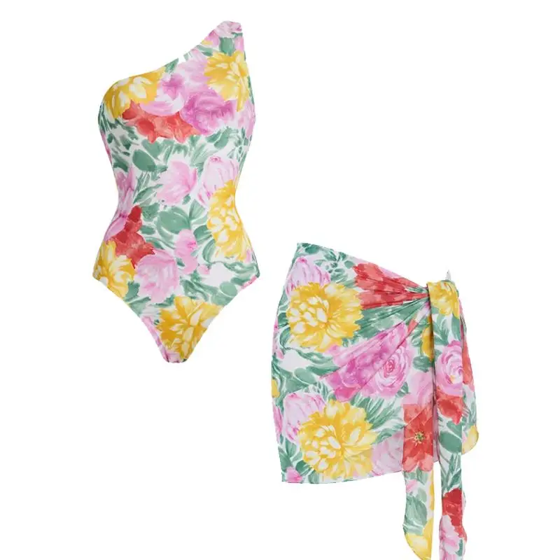 Flaxmaker Summer Swimsuit and Skirt 2026 Sexy One Shoulder One Shoulder Abstract Floral Swimsuit Set(s) Biquini conjunto de