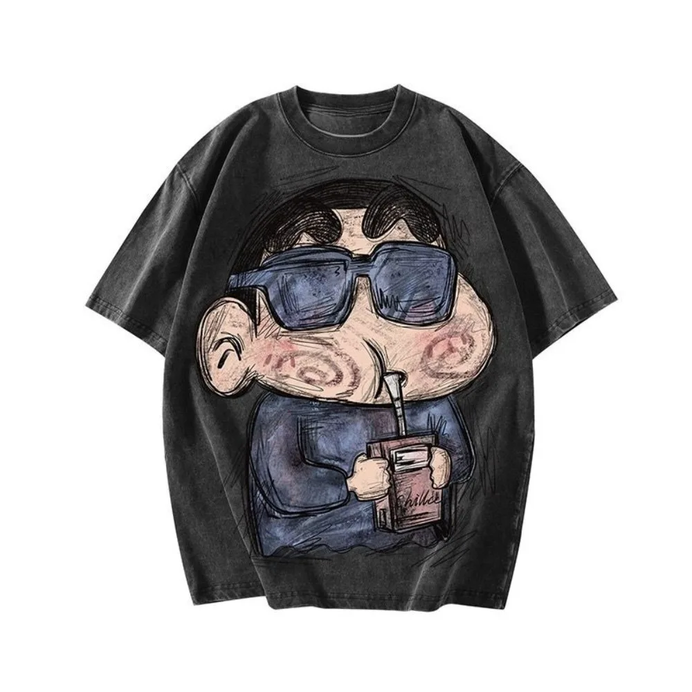 Retro Hand Drawn Crayon Shin Chan Short Sleeve T Shirt American Vintage Washed Cotton Mens Loose Casual Top