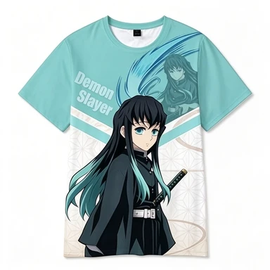 Tokito Muichiro Breathable Mesh Mint White Contrast Mist Anime Printed Casual Loose Quick Drying T-shirt
