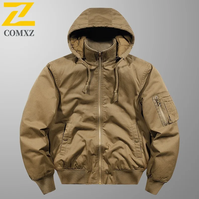 

COMXZ 2025 Men's Workwear Fleece Lined Thick Hooded Cotton Jacket Winter Multi Pocket Vintage Casual Lightweight Coat