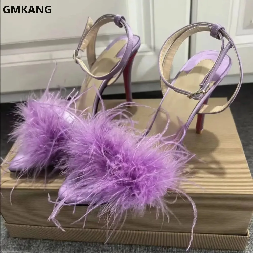 GMKANG Women's Furry Sandals Peep Toe High Heels Buckle Strap Red Sole Slippers Glamorous Feather Trim Comfortable view 4