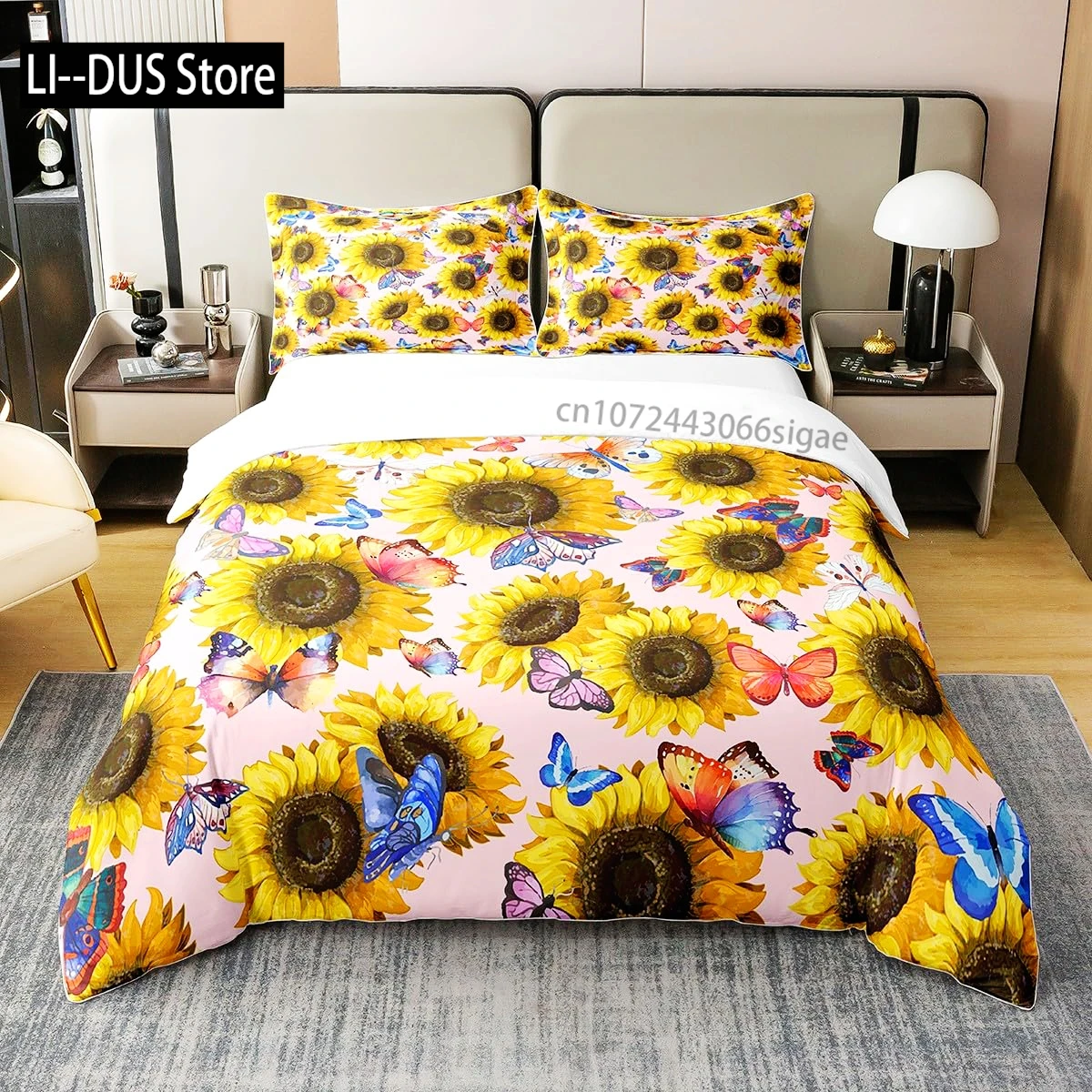 

Yellow Sunflower Comforter Set ,Butterfly Bedding Set for Kids Girls Teens Women,Country Floral Quilt Duvet Sets 2 Pillow Cases