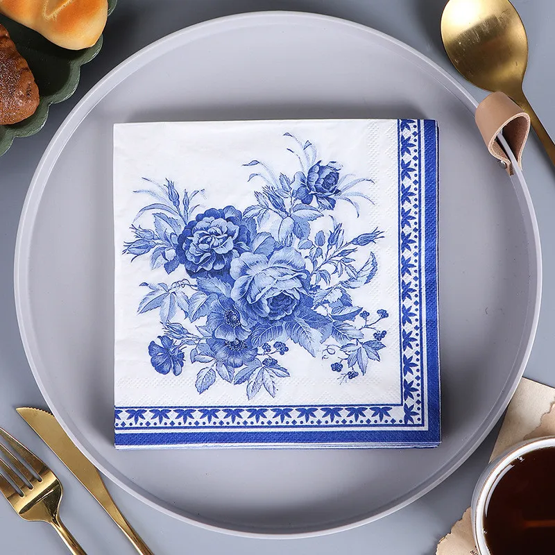 20Pcs/pack 33x33cm Disposable Blue Flower Napkins Paper Tissue Wedding Party Table Supplies Decoration