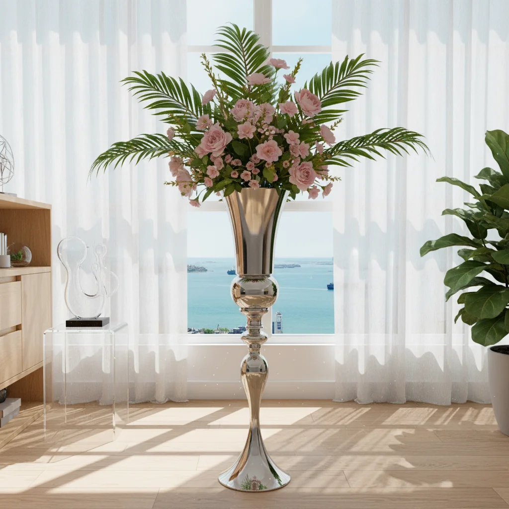 74 cm silberne hohe Blumenvase, moderne galvanisierte Eisen-Bodenvase für Heimdekoration, Hochzeits-Mittelstück mit breiter Basis