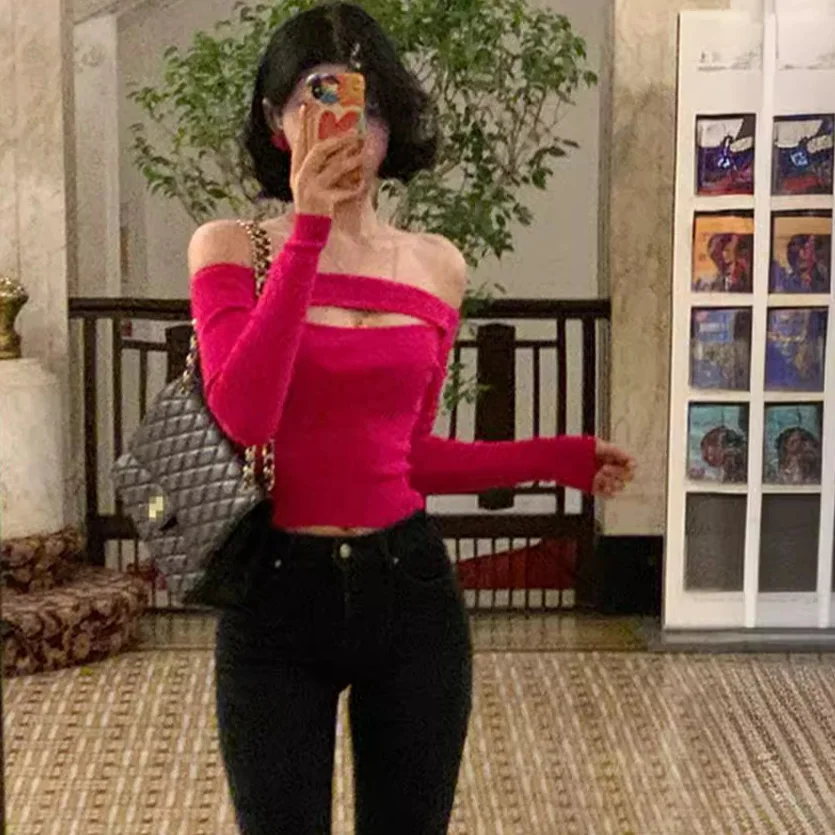 6119 Encounter Ambiguous Atmosphere Herbst Off-Shoulder Hollow Out Sexy Pure Desire Slim Fit Short Base Shirt