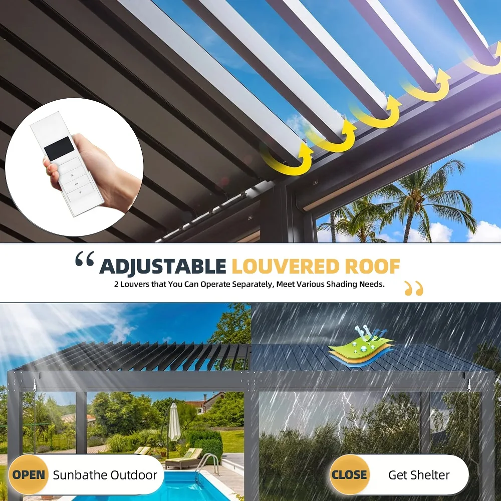 Aluminum Motorized Bioclimatic Pergola Adjustable Louvers Outdoor Shading Patio Shelter for Backyard Garden pergola