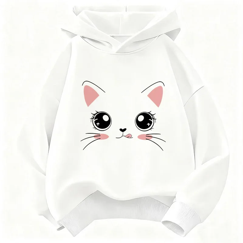 Katzen-Hoodie, süßes Kawaii-Anime-Gesicht, rosa Ohren, Mädchen, Kinder, Cartoon, Y2K-Ästhetik, weiß, Oversized, lässiger Sport-Sweatshirt – Detail 9