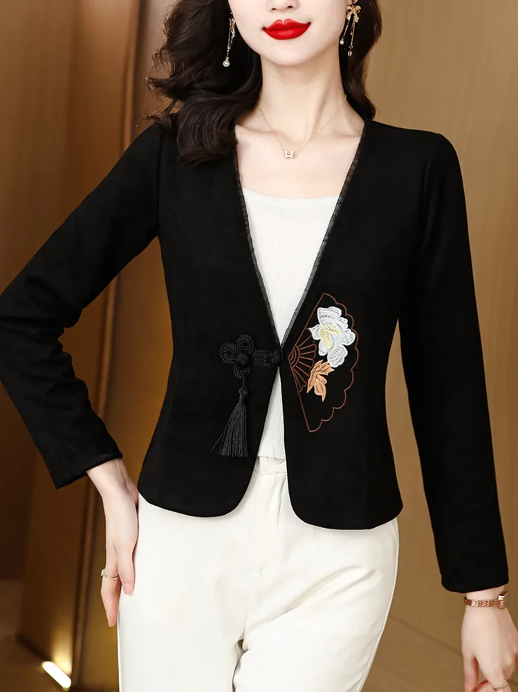 #5343 Black White Vintage Jacket Women Single Button Short Jacket Ladies V-neck Chinese Style Kimono Jacket Cardigan Embroidery