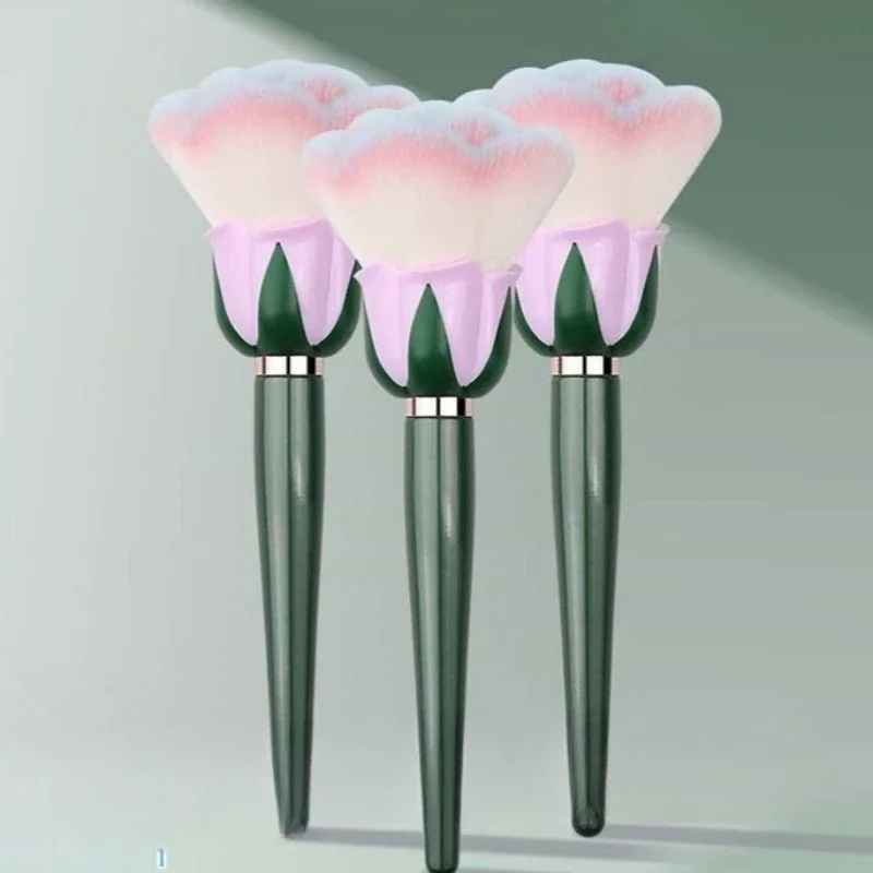 Brocha de maquillaje de madera para base en polvo suelto, colorete, manicura, arte de uñas, cepillo para polvo, flores rosas, herramientas de maquillaje de belleza, accesorios