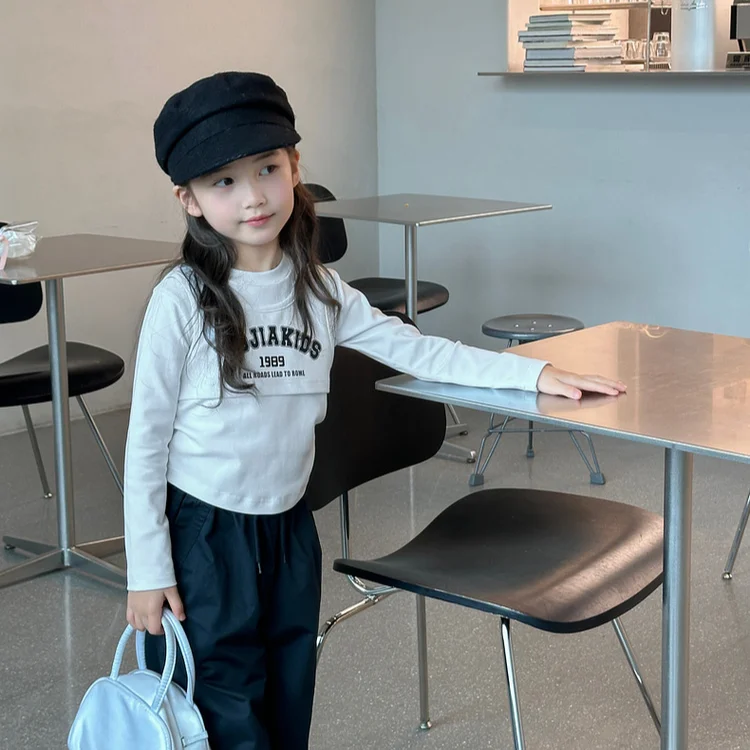 Girls Top 2024 Autumn New Childrens Wear Korean Style Baby Girl Fashion Long-sleeved T-shirt Fake Two Shirts Casual Simple Daily image 4