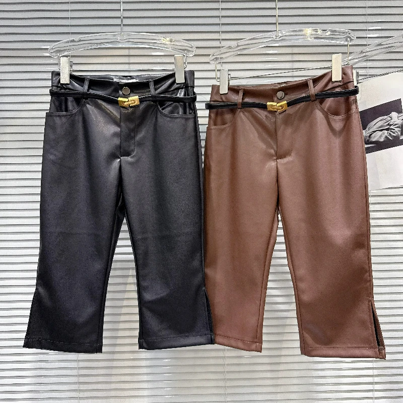 ZHUOFU Women High Waist PU Leather Capri Pants Sweet Cool Hot Girl Gold Buckle Belt Side Split Hem Flare Trousers Autumn New