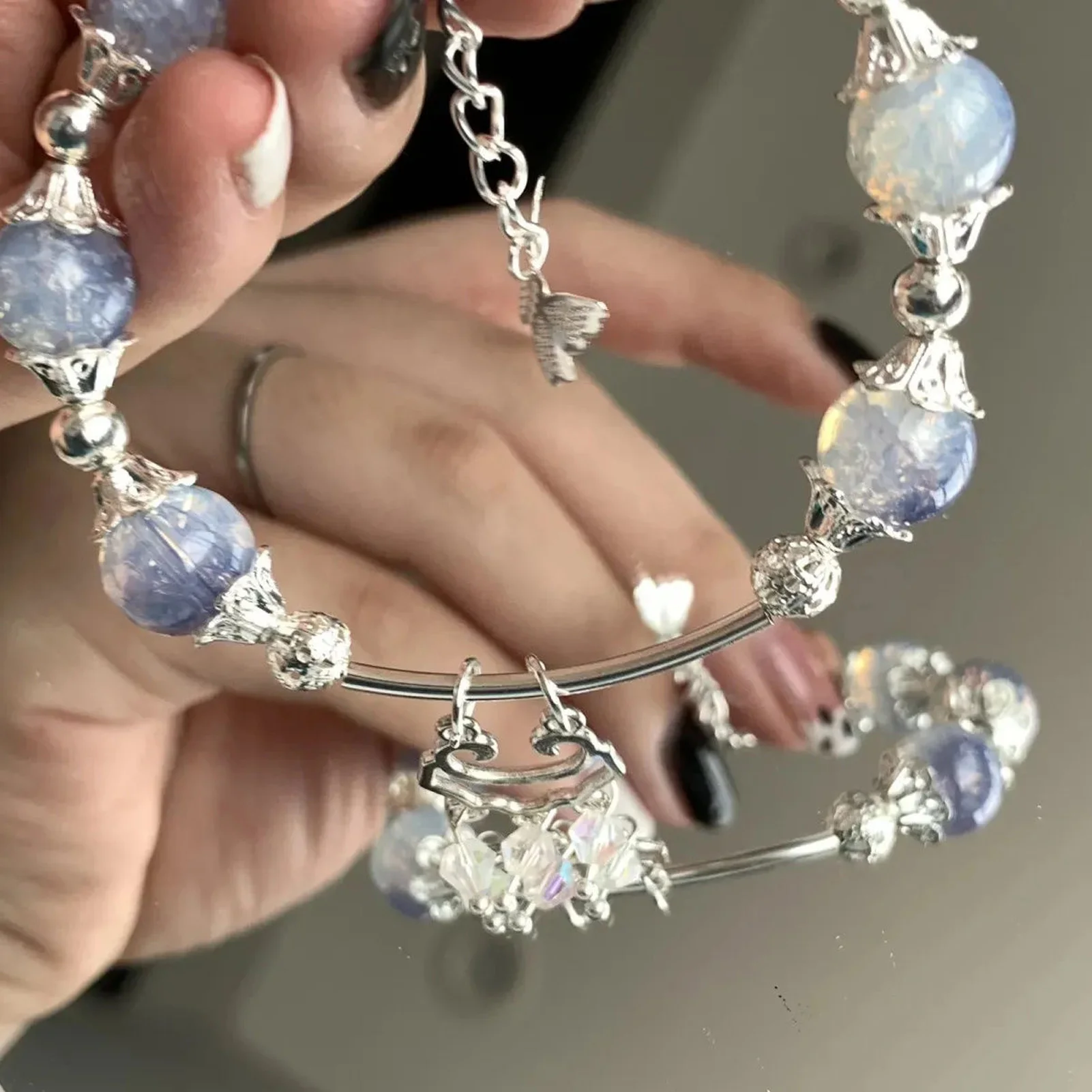 블루 버터플라이 윈드 차임 팔찌 조절 가능한 합금 뱅글 여성 소녀 선물용