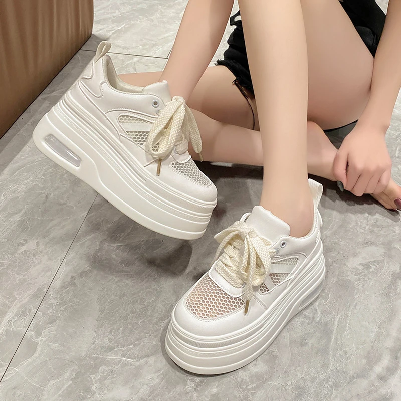 8CM Luxury Air Mesh 2026 NEW Ankle Boots Shoes Elastic Chunky Sneakers Comfy Summer Pumps Fahion Synthetic Vulcanize Shoes Women