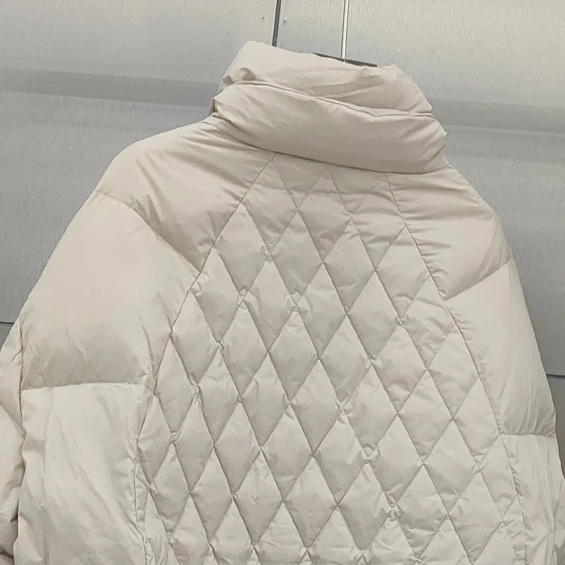 Schinteon Women White Duck Down Jacket Stand Collar Argyle Autumn Winter Casual Over Size Outwear Coat Real Picture Top 2024 New